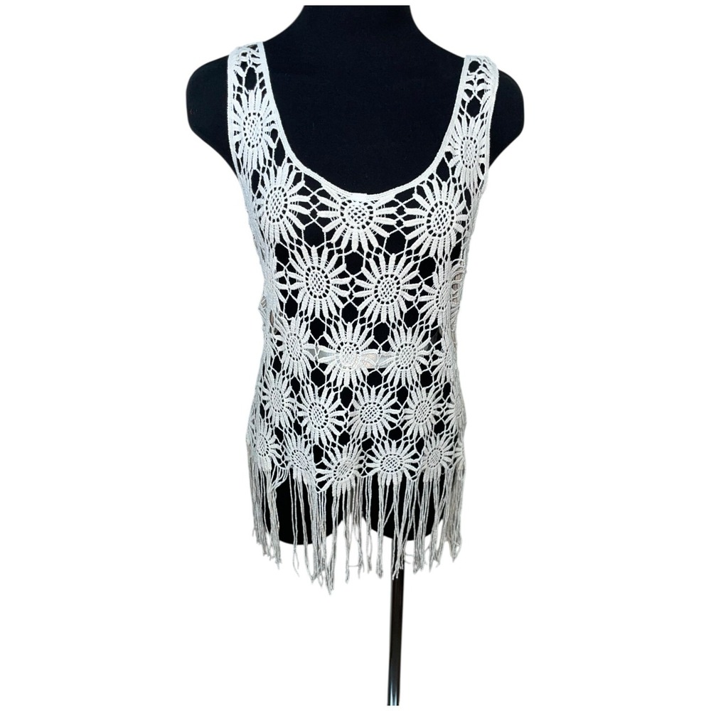 Sugar Lips Tank Top Women S Crochet Fringe Cream Floral‎ Festival Open Knit Boho